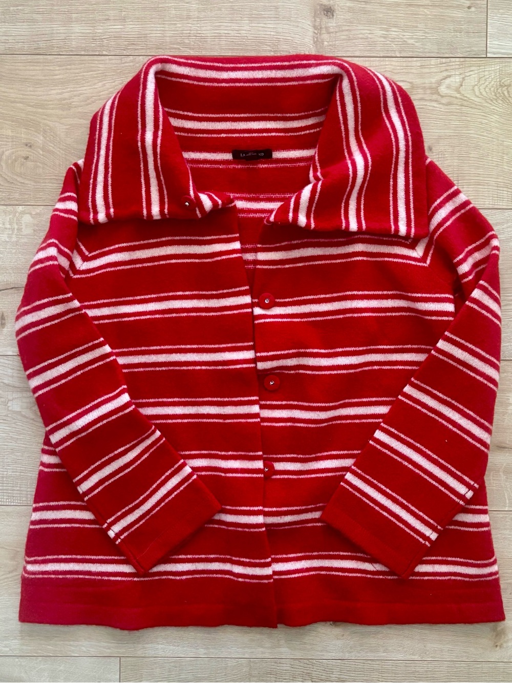 Vintage Lands End Lambswool Red & White Striped Oversized Collar Preppy Sweater